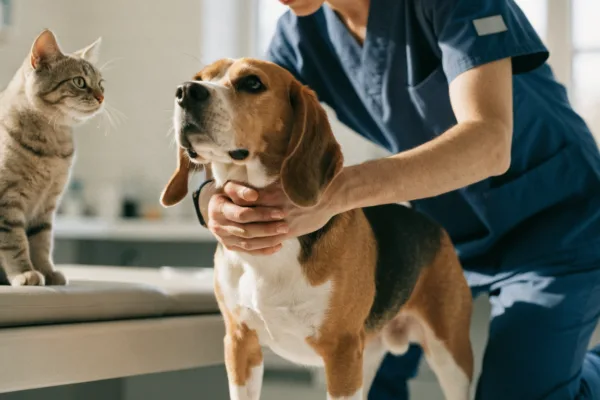 A veterinarian demonstrates the pet Heimlich maneuver on a beagle while a tabby cat looks on.