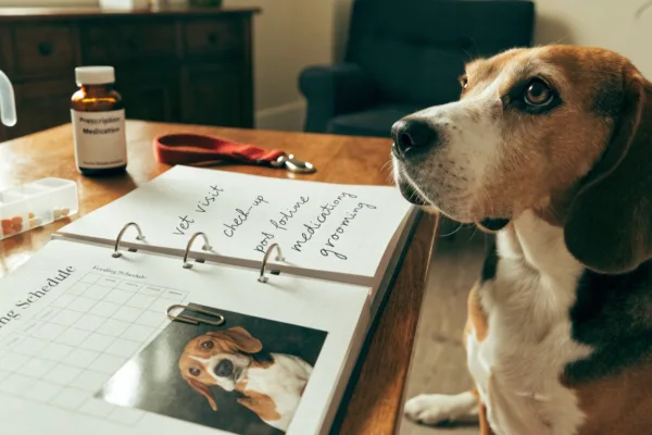 A prepared pet owner's care binder with medications and feeding notes sits beside an attentive senior beagle.