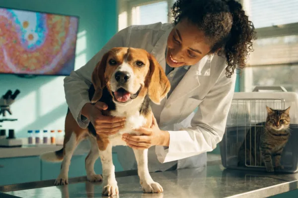 A veterinarian examines a beagle in a clinic where fecal microbiota transplants are restoring gut health in dogs and cats.