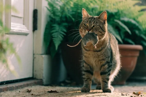 A proud tabby cat presents a mouse "gift" on a doorstep, driven by ancient hunting instinct.