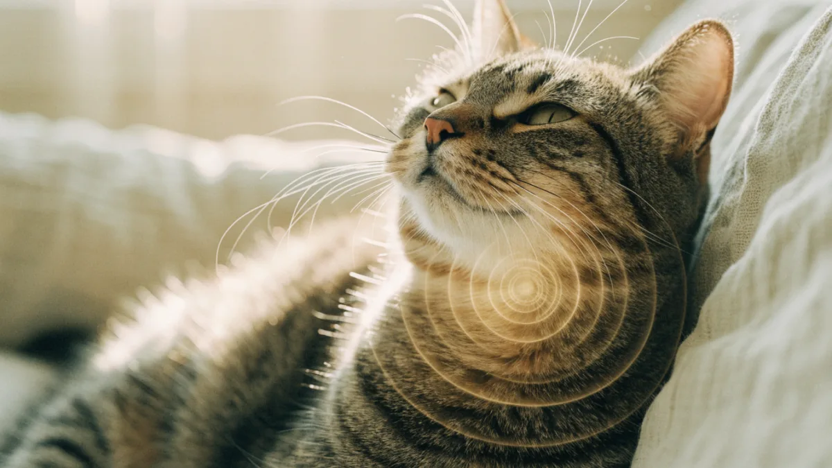 Close-up of a purring tabby cat with visualized sound waves illustrating the healing frequencies of cat purrs.