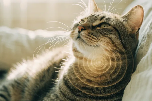 Close-up of a purring tabby cat with visualized sound waves illustrating the healing frequencies of cat purrs.