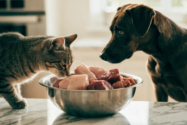 A cat and a dog examine a bowl of raw meat, highlighting the debate over raw pet diet safety.