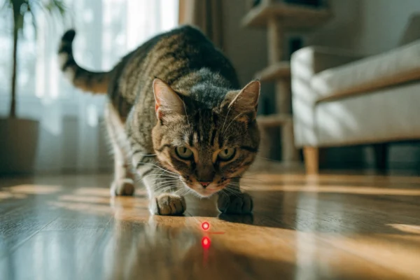 A focused tabby cat pounces toward a red laser dot on an apartment floor during play.