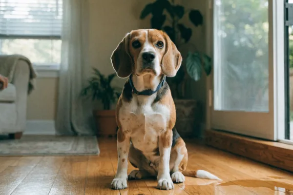 A beagle sits near an indoor accident, illustrating potty training regression that may signal a medical issue.