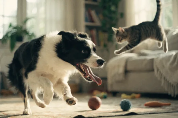 A border collie and tabby cat sprint through a living room in a playful burst of zoomies.