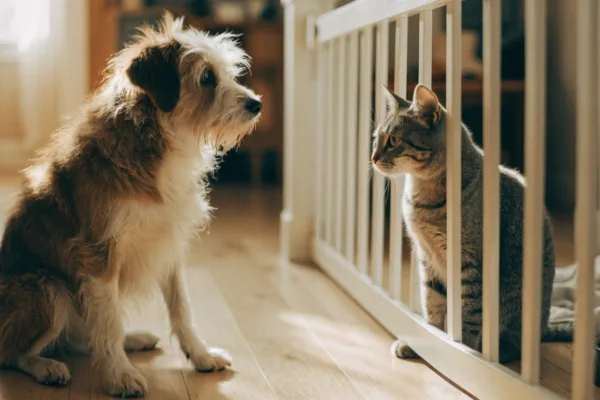 A dog and cat cautiously meeting through a baby gate during a safe, structured pet introduction at home.