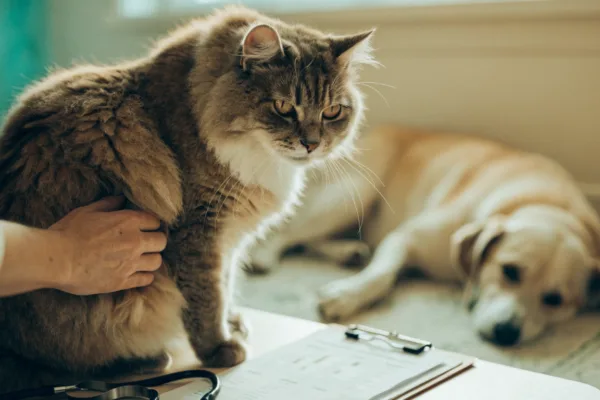 Senior gray-muzzled cat receiving a kidney health exam while a dog rests nearby, showing species differences in chronic kidney disease risk.