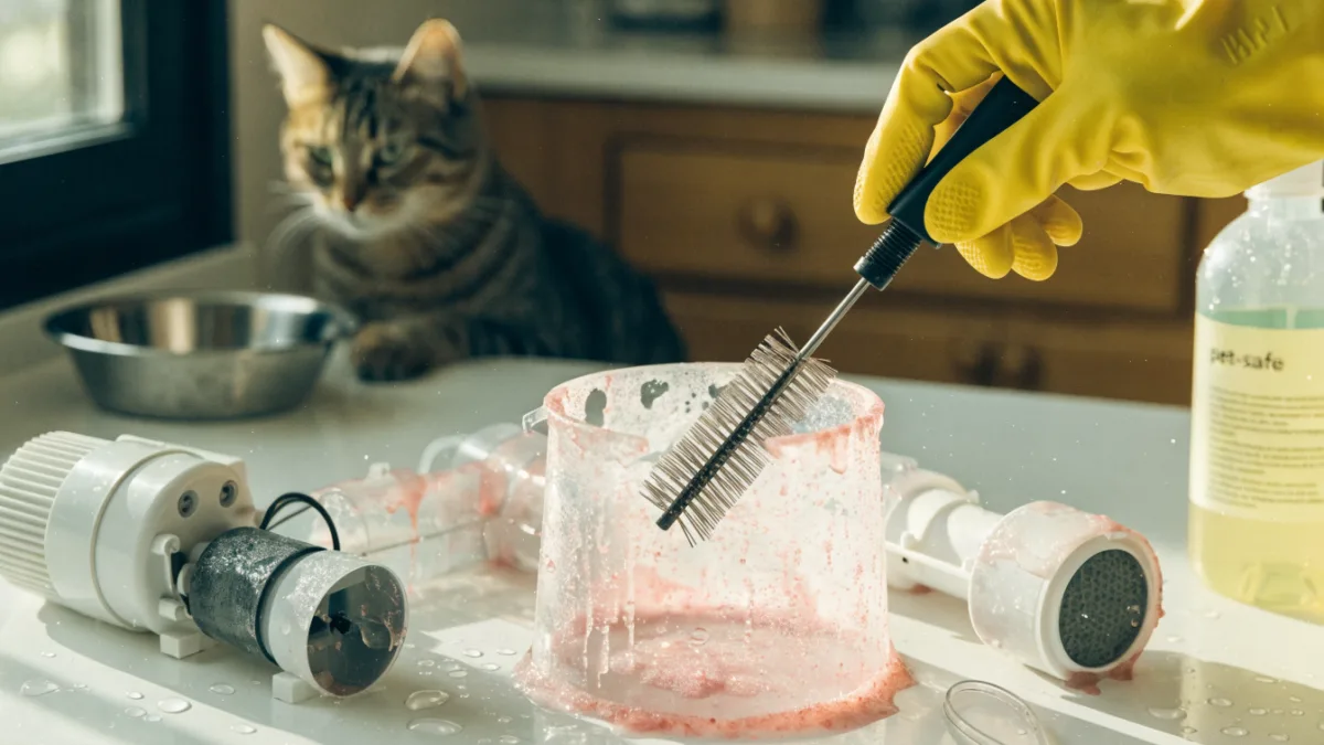 A gloved hand scrubs slimy pink biofilm from inside a disassembled pet water fountain.