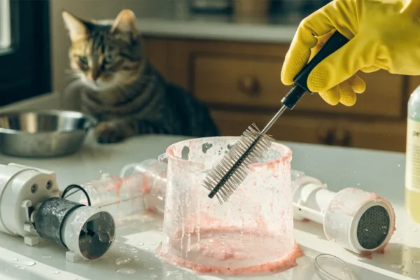 A gloved hand scrubs slimy pink biofilm from inside a disassembled pet water fountain.