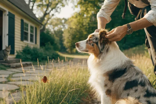 An owner checks her dog for ticks after a hike while the family cat waits by the back door.