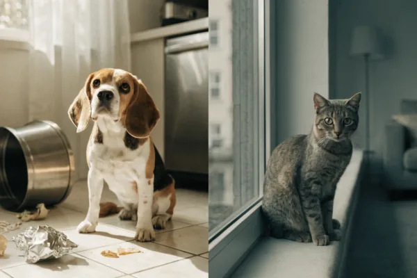 A trash-raiding beagle and a stressed tabby cat illustrate the different causes of sudden vomiting in dogs versus cats.