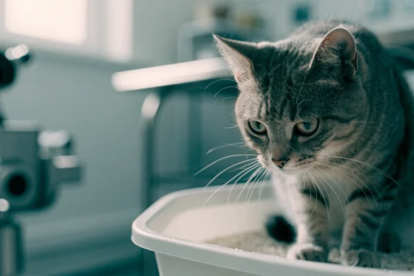A male tabby cat strains in a litter box, a classic warning sign of urinary blockage from crystals.