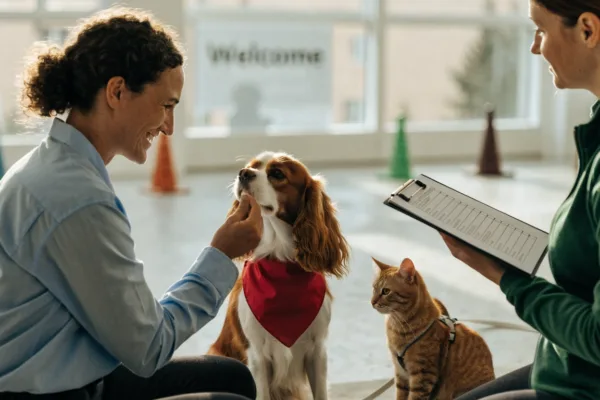 An evaluator assesses a calm dog and cat during therapy pet certification training at a facility.
