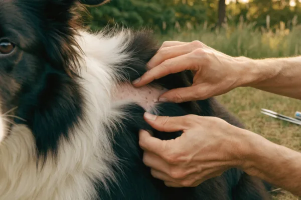 A pet owner parts a Border Collie's fur to check for ticks during a routine at-home inspection.