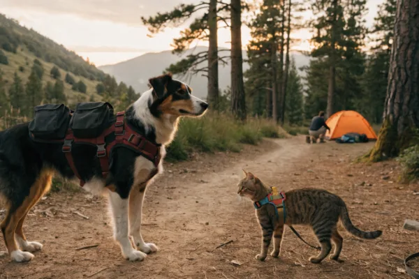 An adventure dog and a harness-trained trail cat share a mountain campsite at golden hour.