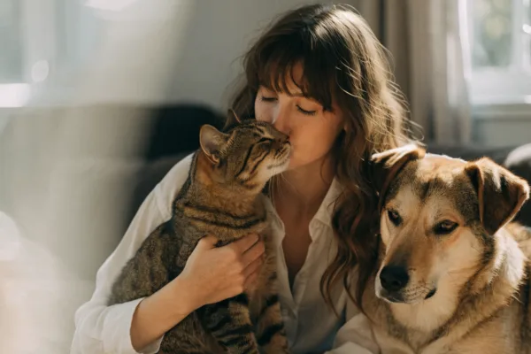 A woman cuddles her cat and dog closely at home, where zoonotic infections like ringworm and toxoplasmosis can spread.
