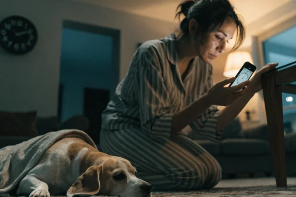Owner kneels beside her dog at night, timing a seizure with a phone stopwatch to report details to the vet.