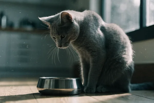 A thin grey cat stares at an empty food bowl, illustrating how feline fasting can trigger deadly hepatic lipidosis.