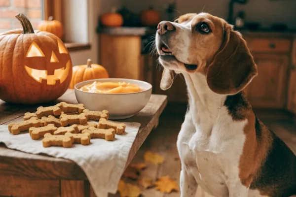 A beagle awaits homemade pumpkin dog biscuits made from a repurposed jack-o'-lantern on a rustic autumn table.