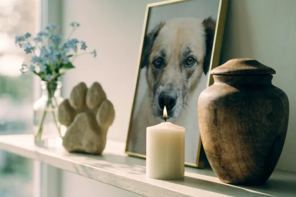 A candle, framed photo, and paw print keepsake arranged as a gentle home memorial for a beloved dog.