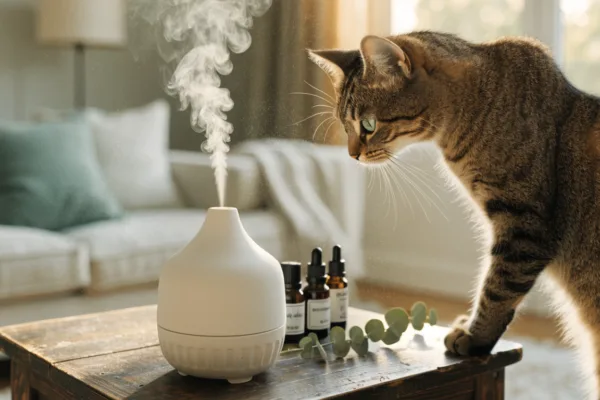 A curious tabby cat sniffs an essential oil diffuser emitting mist, illustrating hidden pet toxicity risks.