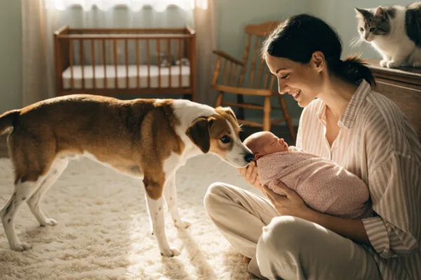 A calm dog and watchful cat meet a newborn during a gentle, supervised introduction in a cozy nursery.