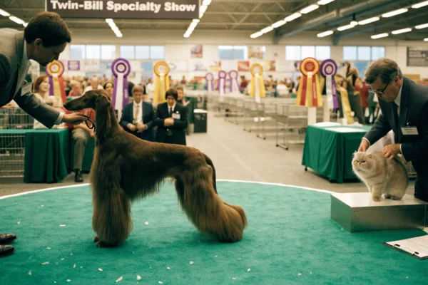 An Afghan Hound and Persian cat face judges at a dual dog and cat conformation show, vying for championship points and rosettes.