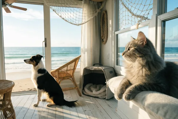A dog watches the waves while a cat relaxes safely indoors at a pet-friendly coastal vacation rental.