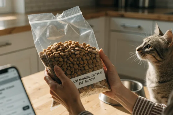 A pet owner checks the lot number on cat food packaging while a tabby cat waits nearby.