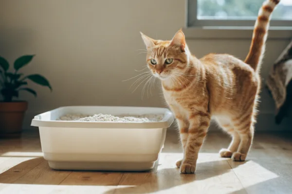 An orange tabby cat inspects a clean litter box in a bright home, highlighting feline bathroom behavior.