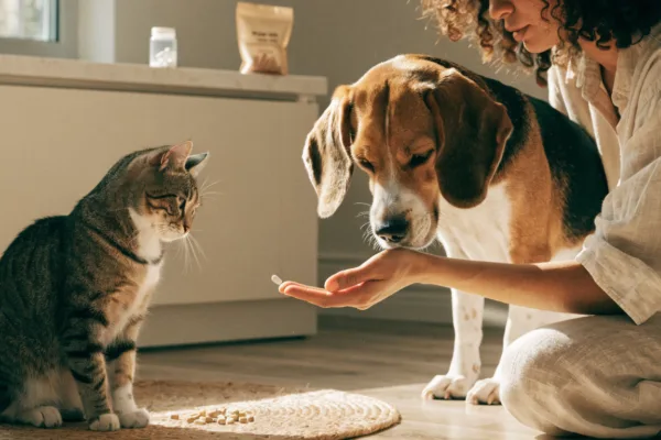 A relaxed dog willingly accepts a pill from an open palm during a cooperative care training session.