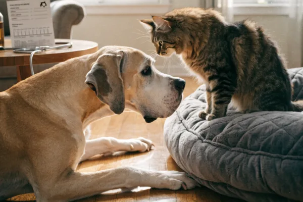 A gentle Great Dane and fluffy Maine Coon share a home, illustrating the big love—and big costs—of giant-breed pets.