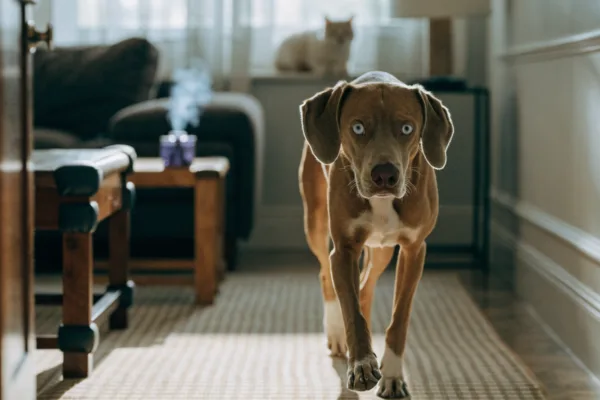 A blind senior dog with cloudy eyes confidently follows a textured rug path while a blind cat relaxes nearby at home.
