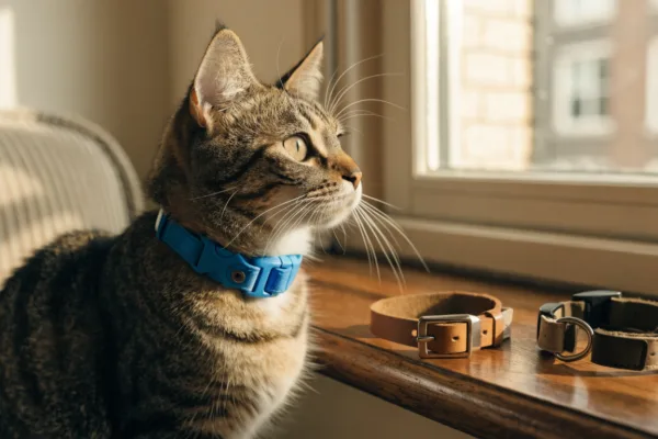 An indoor cat wearing a breakaway safety collar, shown beside buckle and breakaway collar designs for comparison.