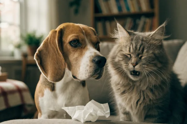 A sneezing cat and watchful beagle share a sofa, highlighting cold transmission concerns in multi-pet homes.