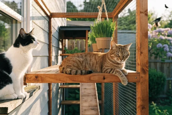 Two cats relax on wooden perches inside a sunlit DIY catio attached to a home, safely enjoying the outdoors.