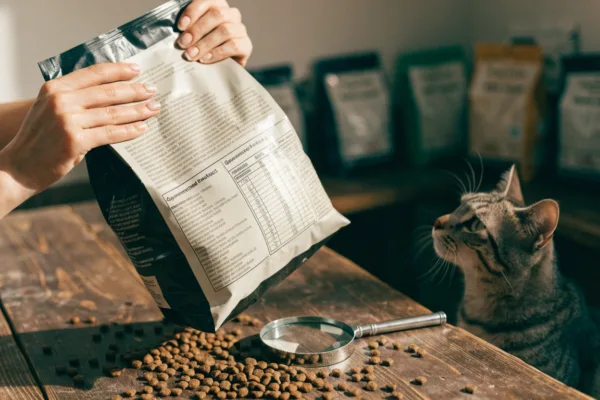 A pet owner examines the ingredient list and AAFCO statement on cat food packaging using a magnifying glass.