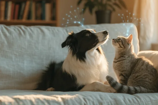 A dog and cat rest together, both bonding with humans through the same love hormone, oxytocin.