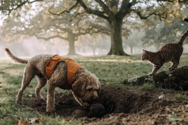 A Lagotto Romagnolo truffle dog and a watchful barn cat on duty in a misty oak forest.