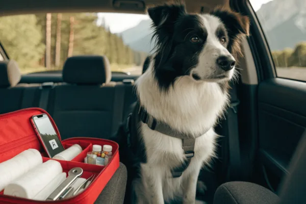 A border collie rides safely with a packed pet first-aid kit and telehealth app before a road trip.