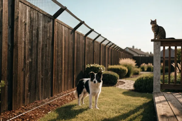 A border collie and tabby cat safely enjoy a landscaped backyard secured by a hybrid privacy fence with climbing and dig protection.