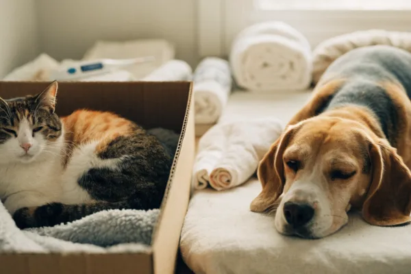 A pregnant calico cat and beagle rest on cozy nesting bedding in a warm foster home.