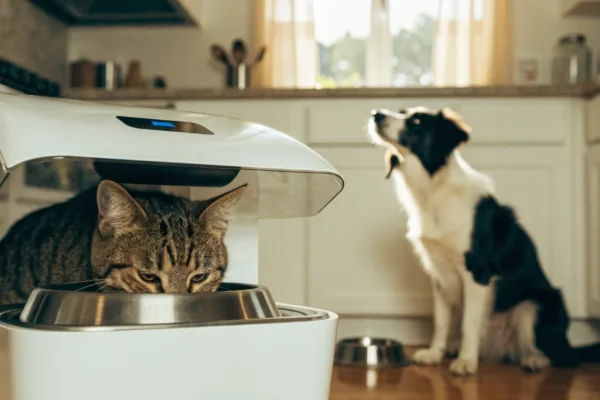 A cat eats from a microchip-activated feeder while a dog looks on, denied access to the cat food.