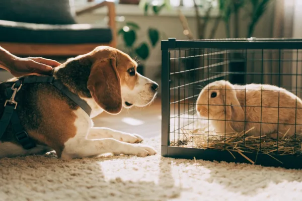 A calm, leashed beagle watches a rabbit through a secure exercise pen during a supervised introduction.