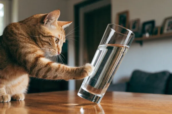 An orange tabby cat pushes a glass toward the edge of a wooden table, following its natural hunting instincts.