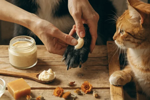 Hands applying homemade lick-safe paw balm to a dog's cracked pad, with a cat and natural beeswax ingredients nearby.