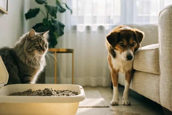 A cat beside its litter box and a dog near a sofa illustrate the difference between feline litter box issues and canine marking behavior.