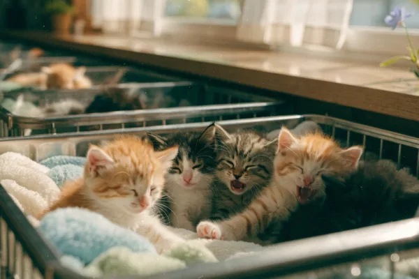 A pile of young shelter kittens naps together in a sunny kennel during peak spring kitten season.