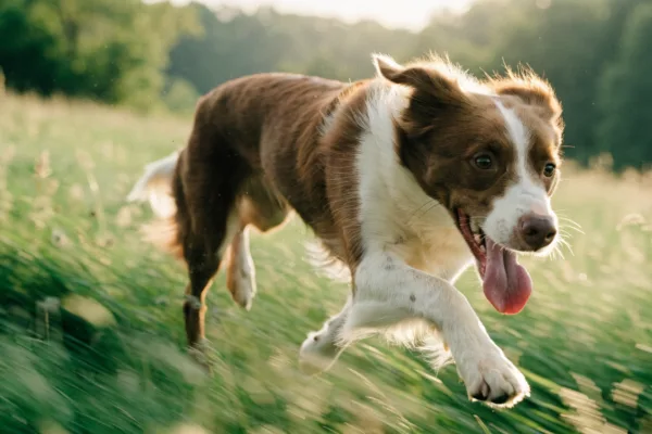 A three-legged Border Collie mix sprints joyfully through a sunlit meadow, showing how tripawd pets thrive after amputation.